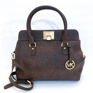 Michael Kors Astrid Mocha Ostrich Embossed Leather Large Satchel Bag